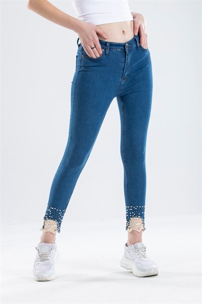  Nakışlı Mavi Kadın Kot Pantolon
